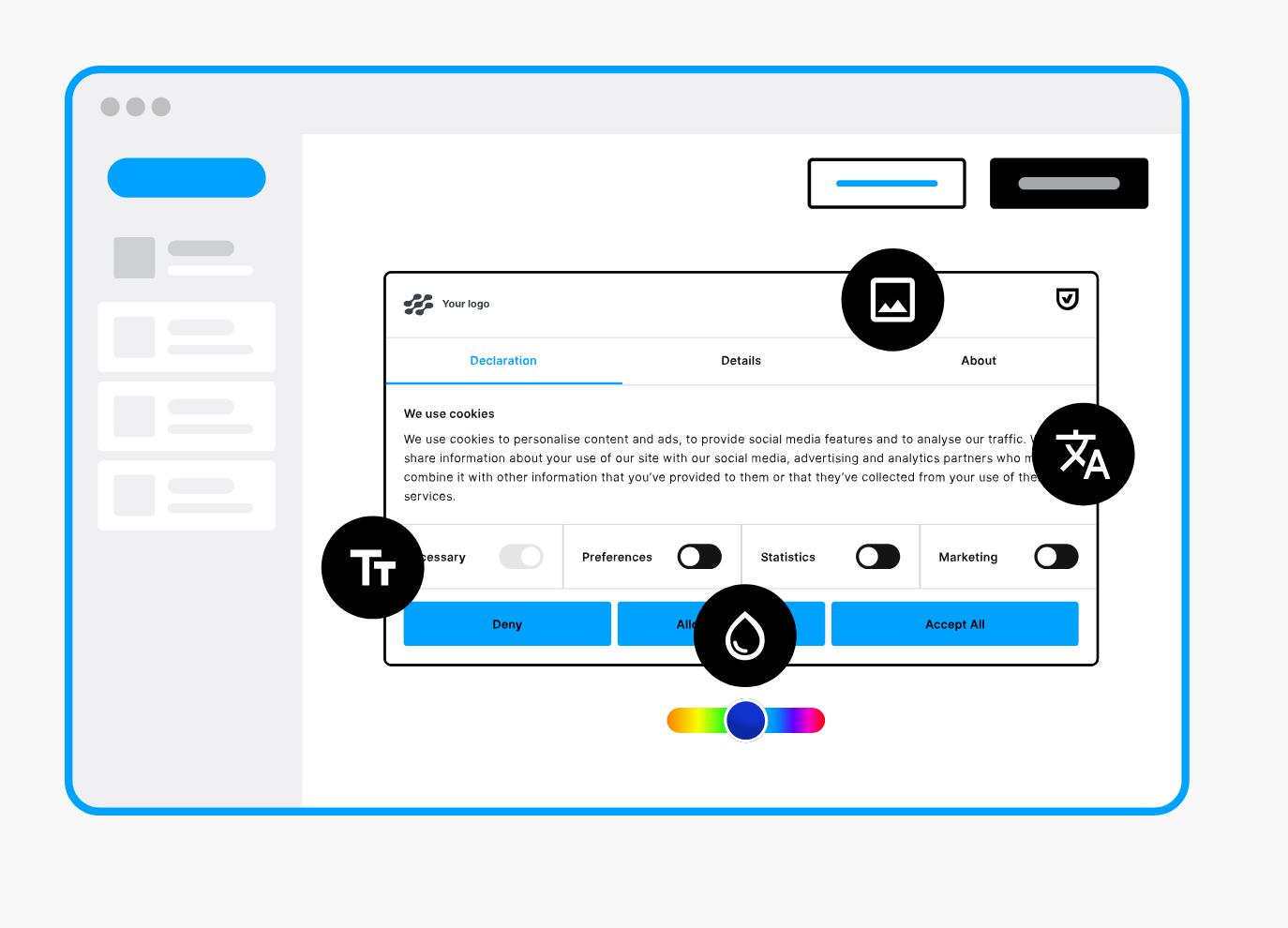 A sample cookie consent banner, with icons showing the customization options offered by Cookiebot.