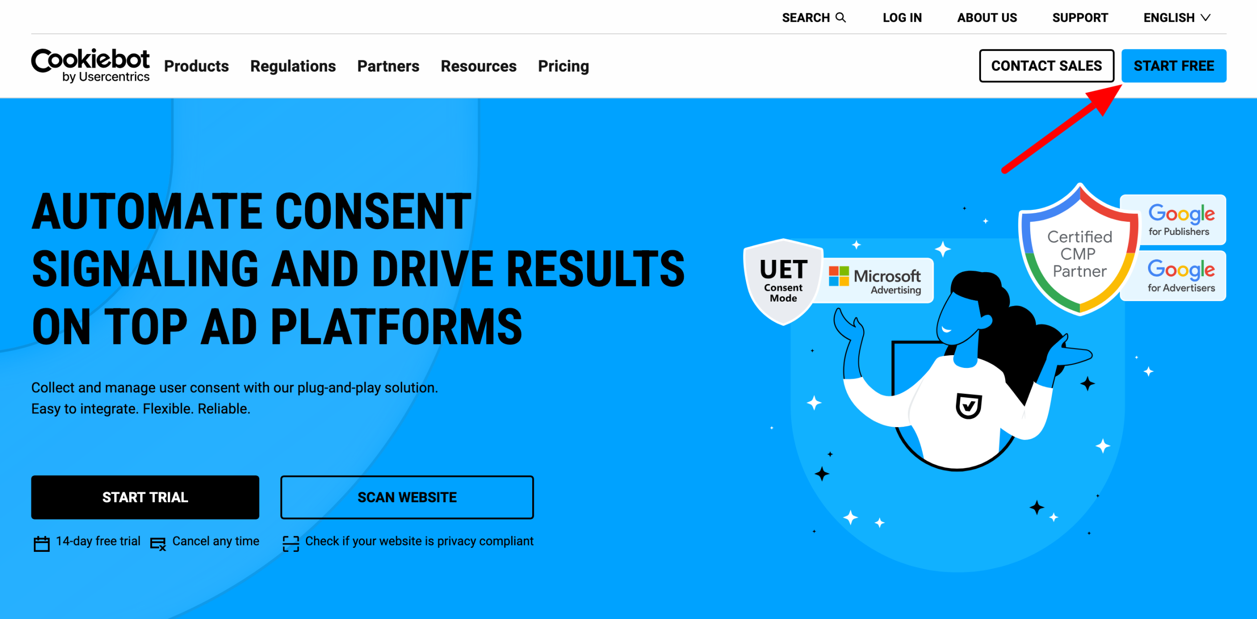 Screenshot of the Cookiebot home page, with a red arrow pointing to the "Start free" button.