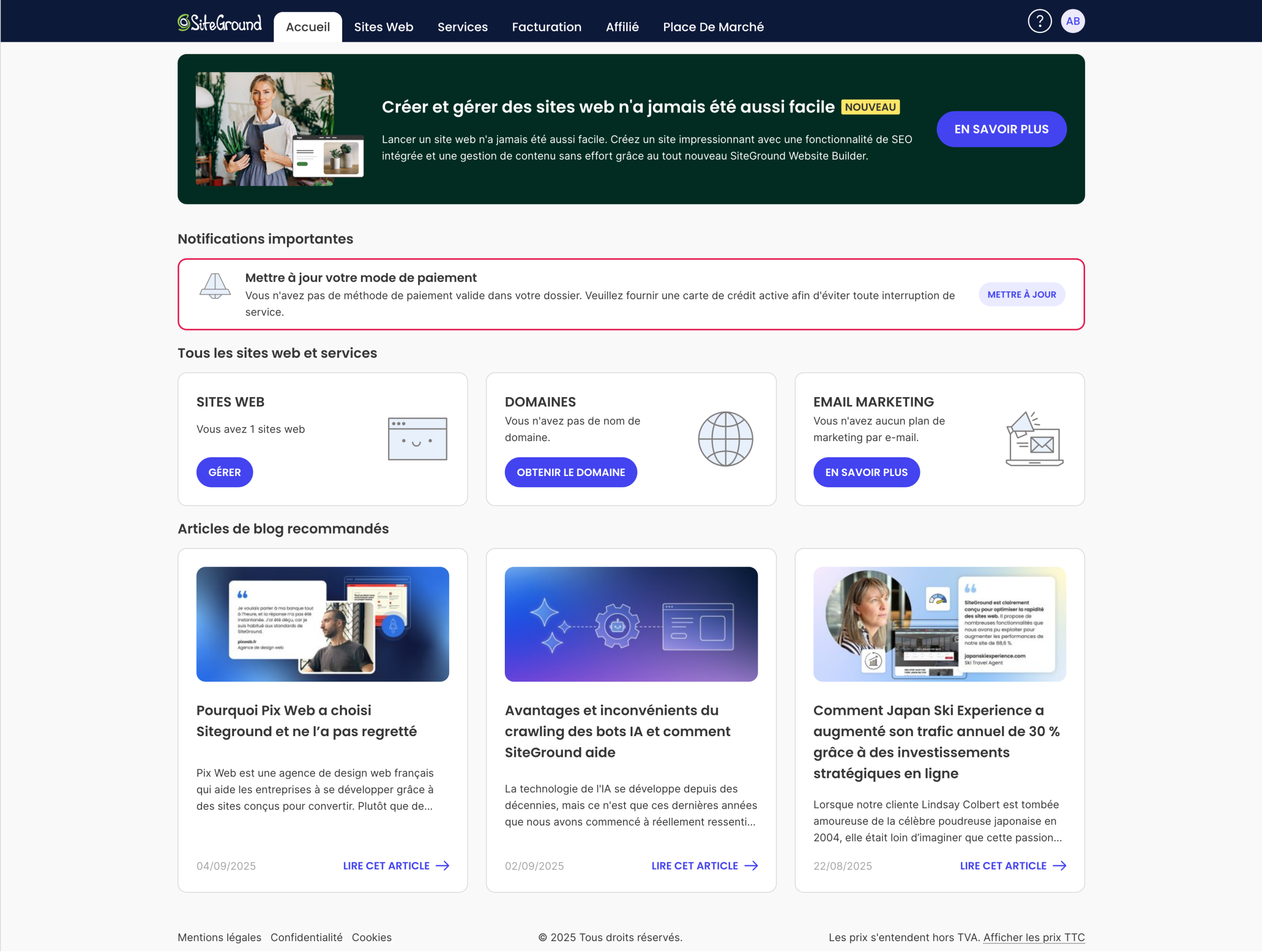 L'espace client de SiteGround.