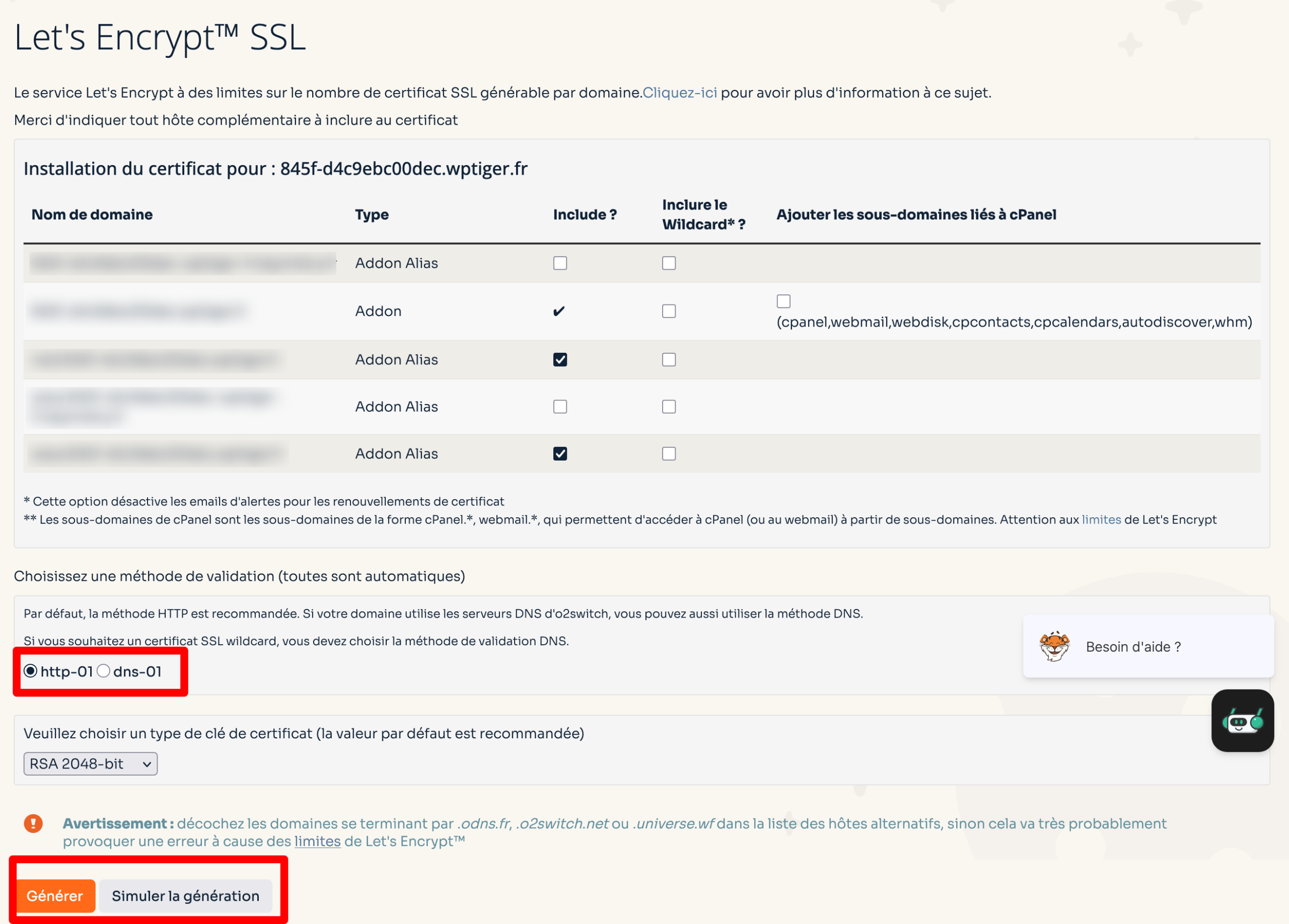 Génération d'un certificat SSL chez o2switch.
