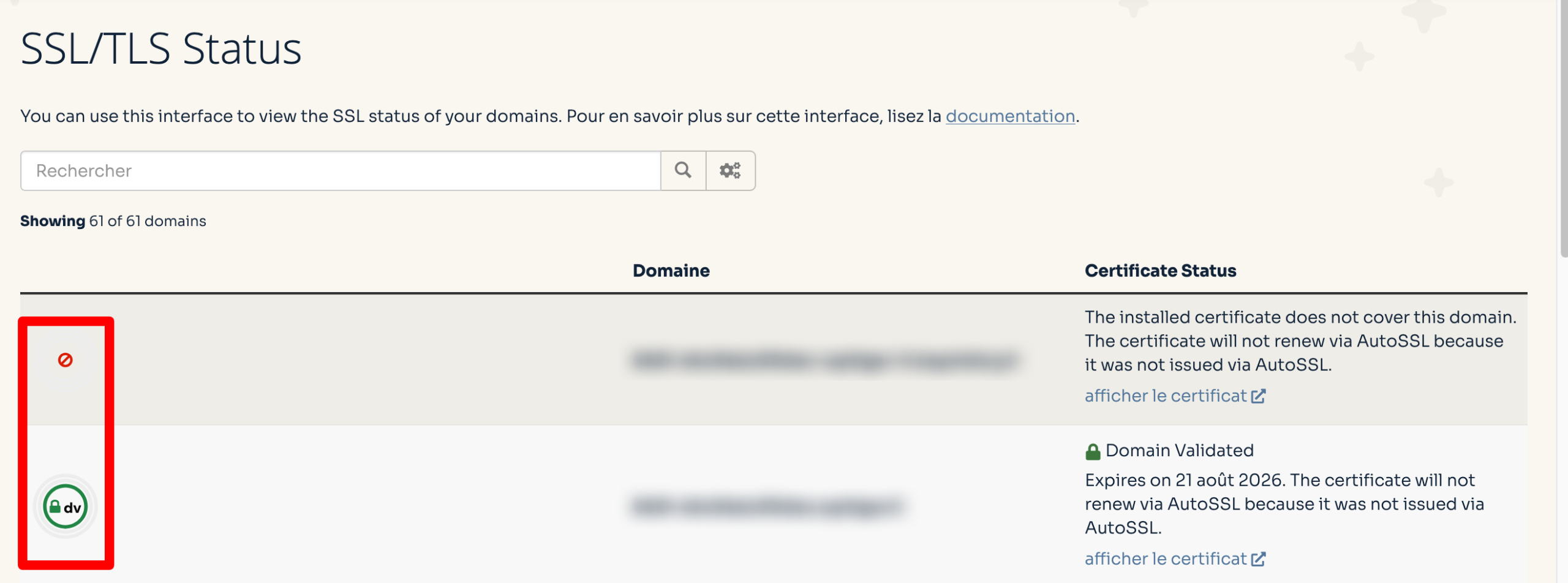 L'icône SSL/TLS Status chez o2switch.