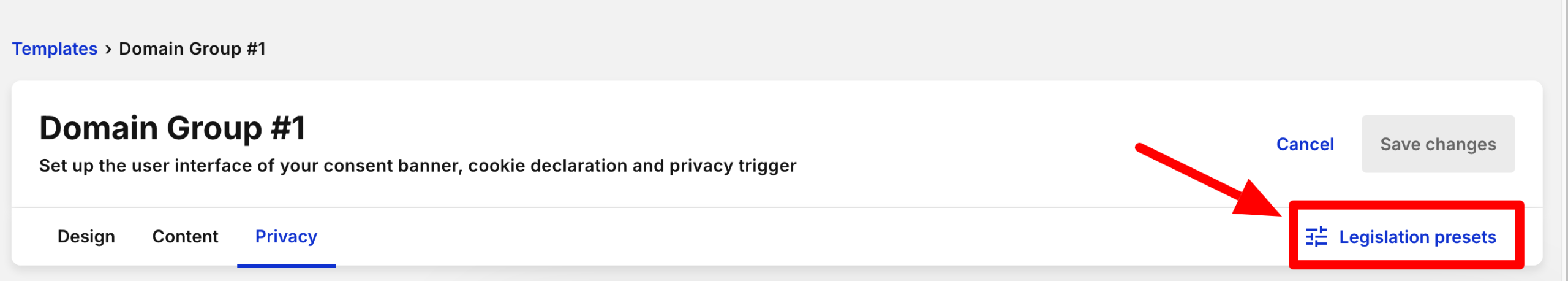 Réglages relatifs à la législation sur Cookiebot.