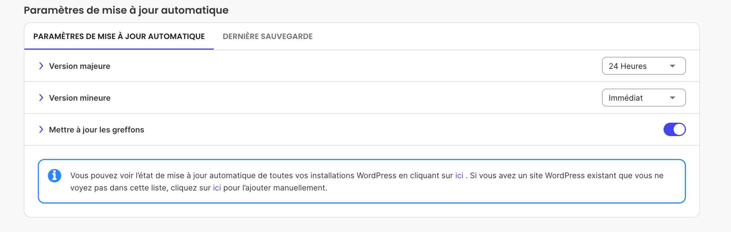 Paramètres de mise à jour automatique de Site Tools.