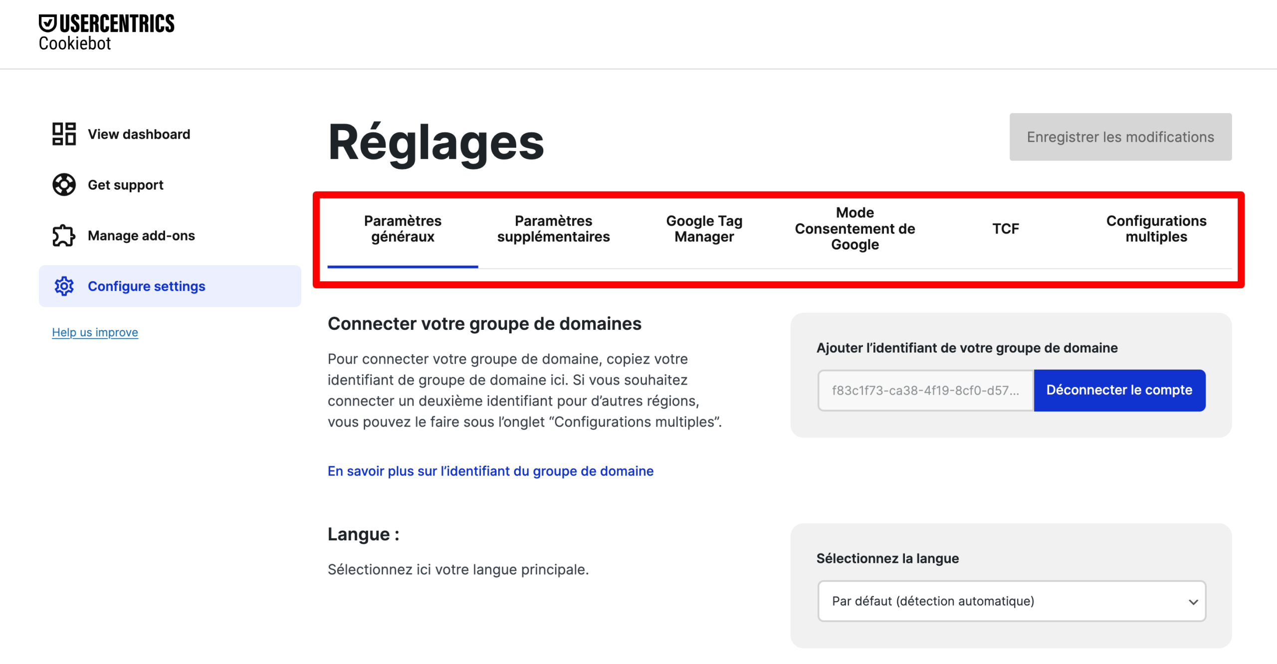 Réglages de Cookiebot sur l'interface de WordPress.