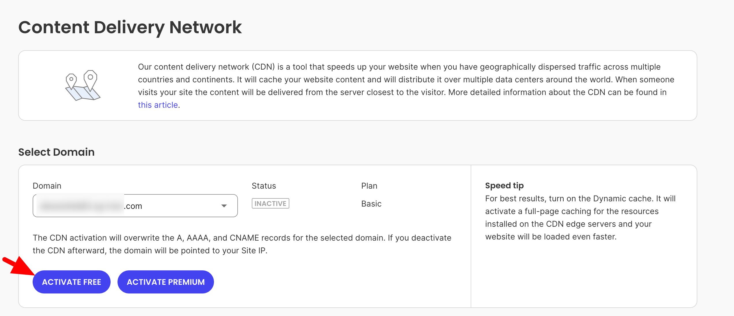 The Speed > CDN menu in Site Tools, with a red arrow pointing to the "Activate Free" button.