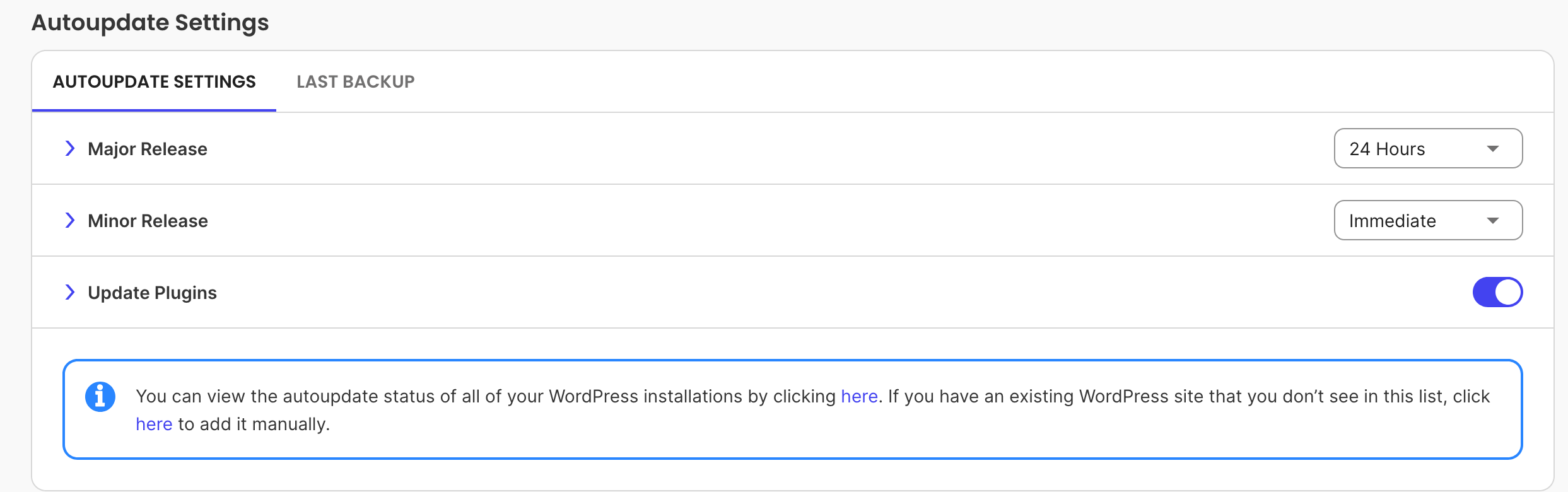 The Autoupdate Settings menu in Site Tools.