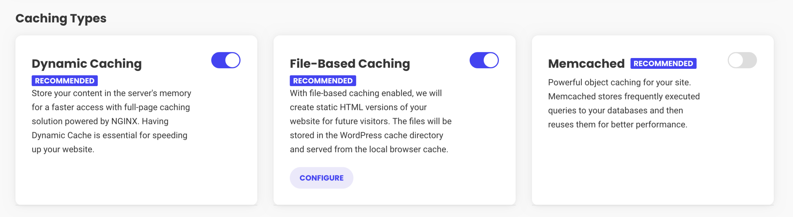 Screenshot of the three caching options in the Speed Optimizer plugin.