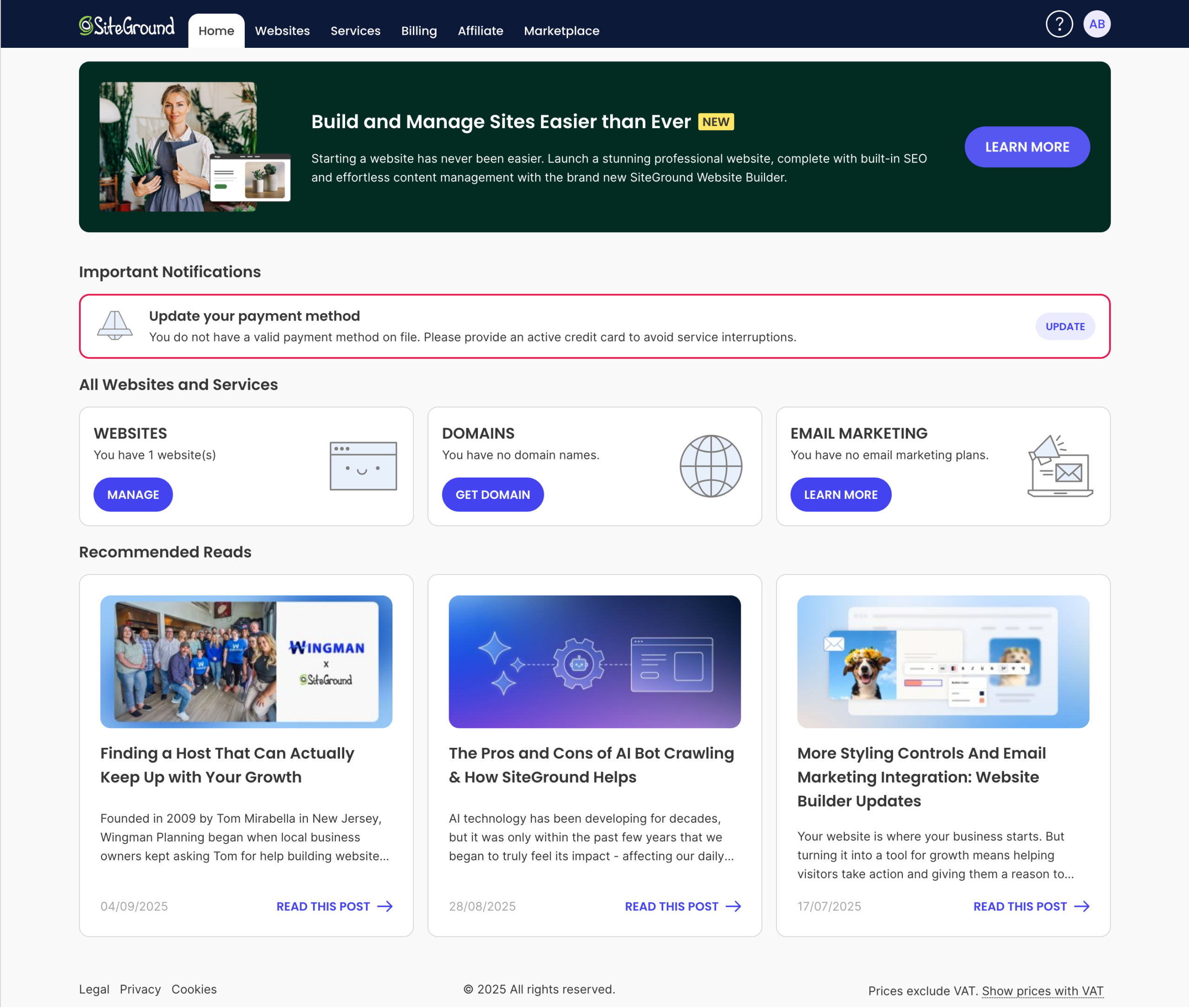 Screenshot of the SiteGround customer area home page.