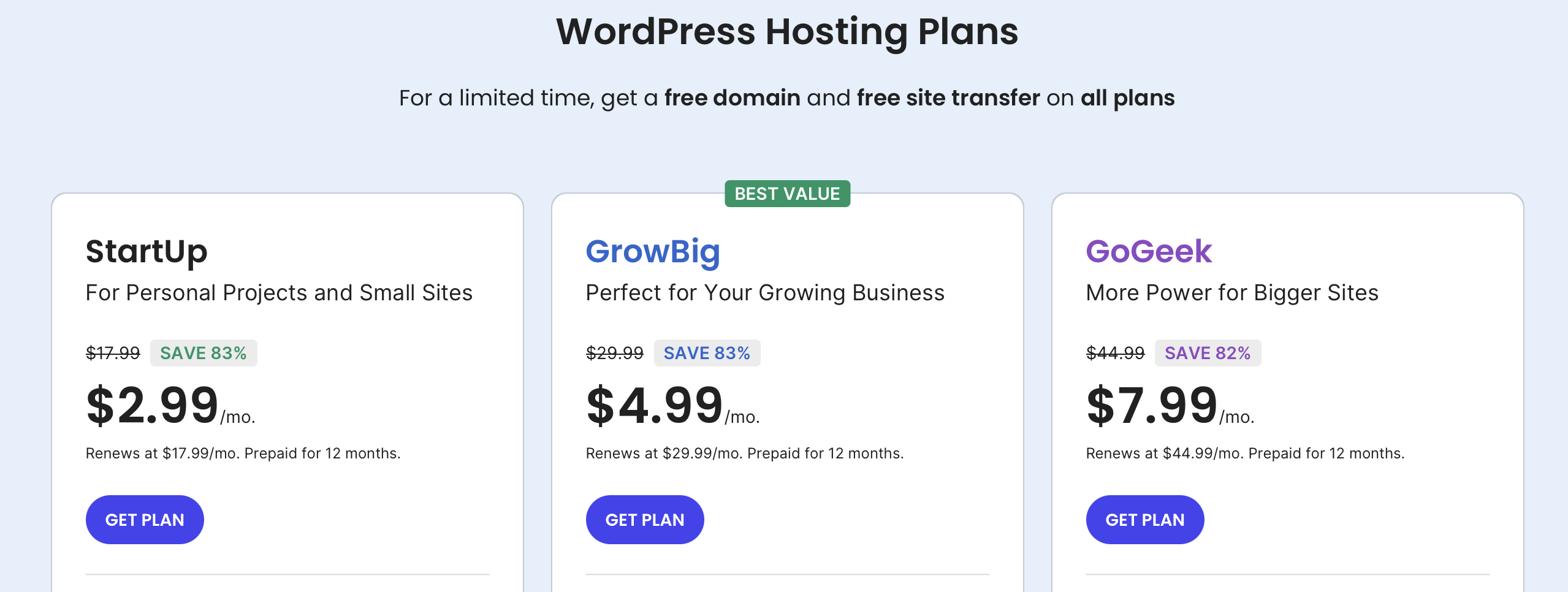 SiteGround's WordPress hosting packages.