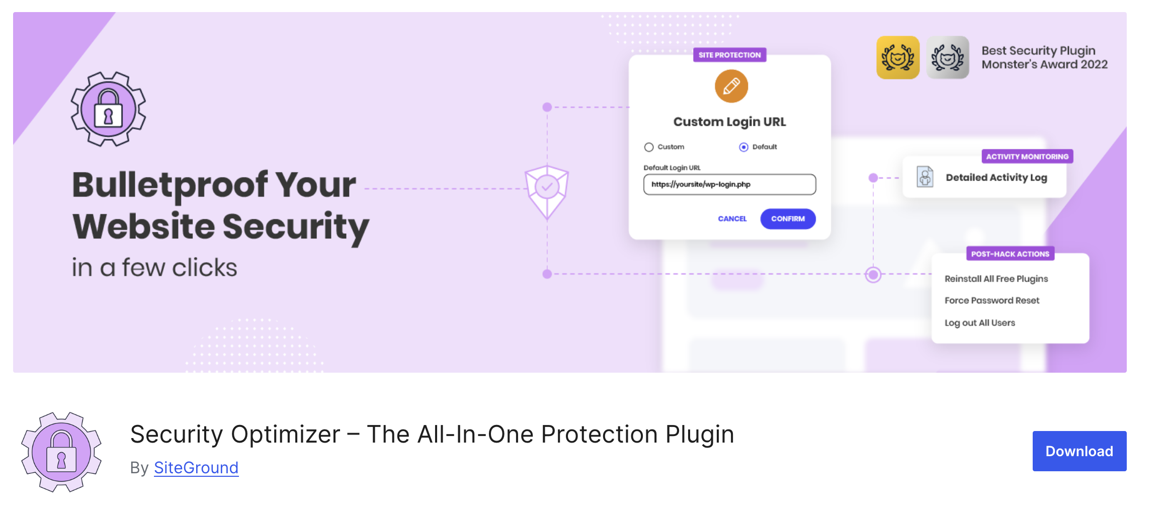 SiteGround's Security Optimizer plugin on the WordPress plugin directory.