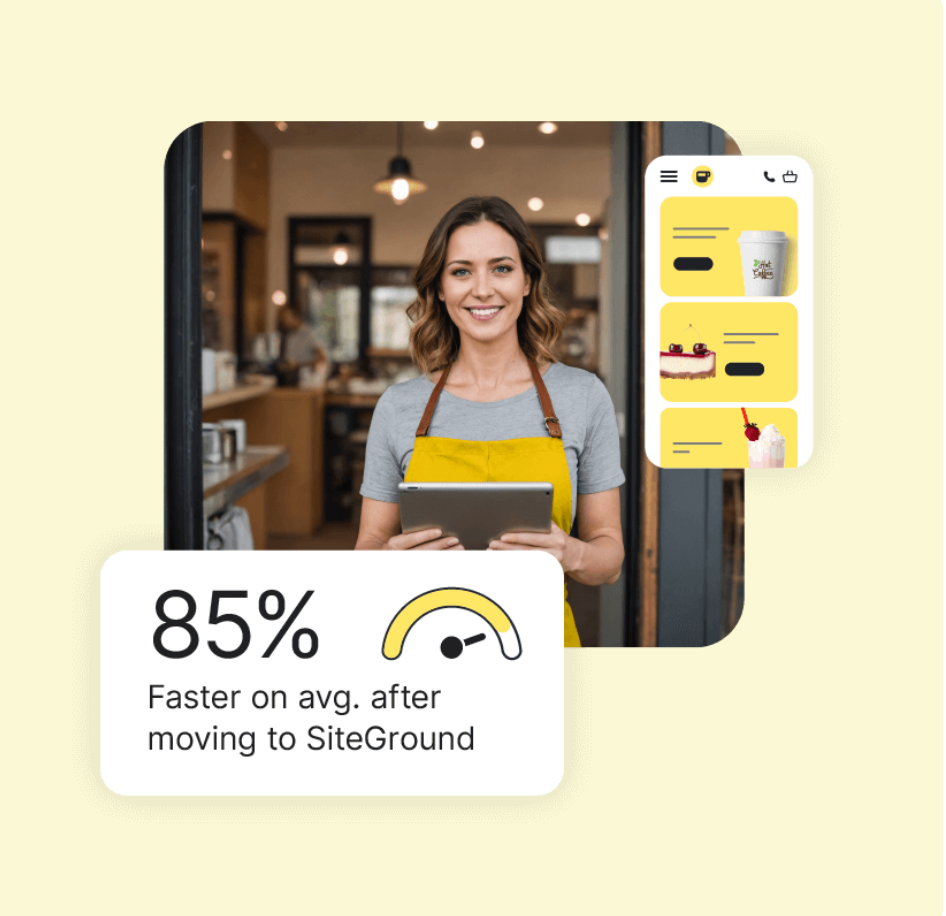An image of a woman with the statement that sites are 85% faster on average after moving to SiteGround.