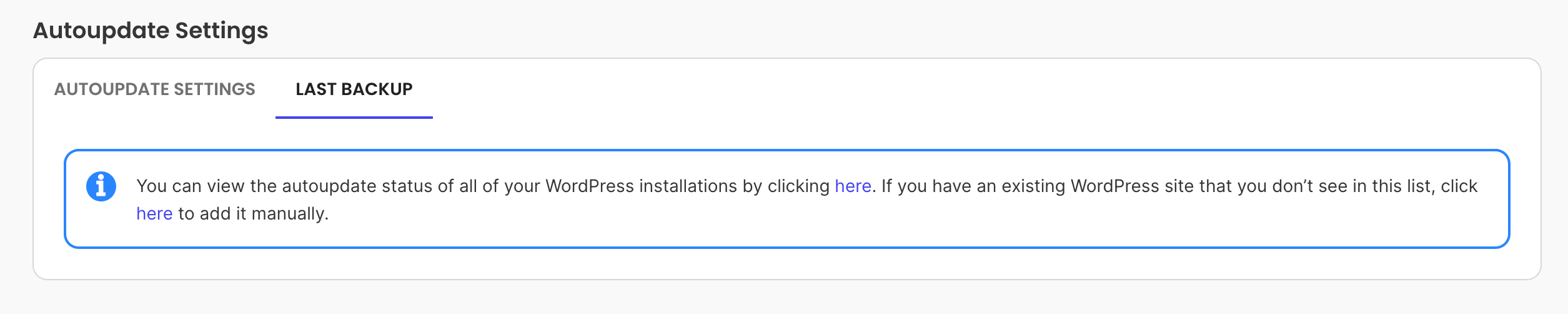 The Last Backup tab in the Autoupdate Settings menu.