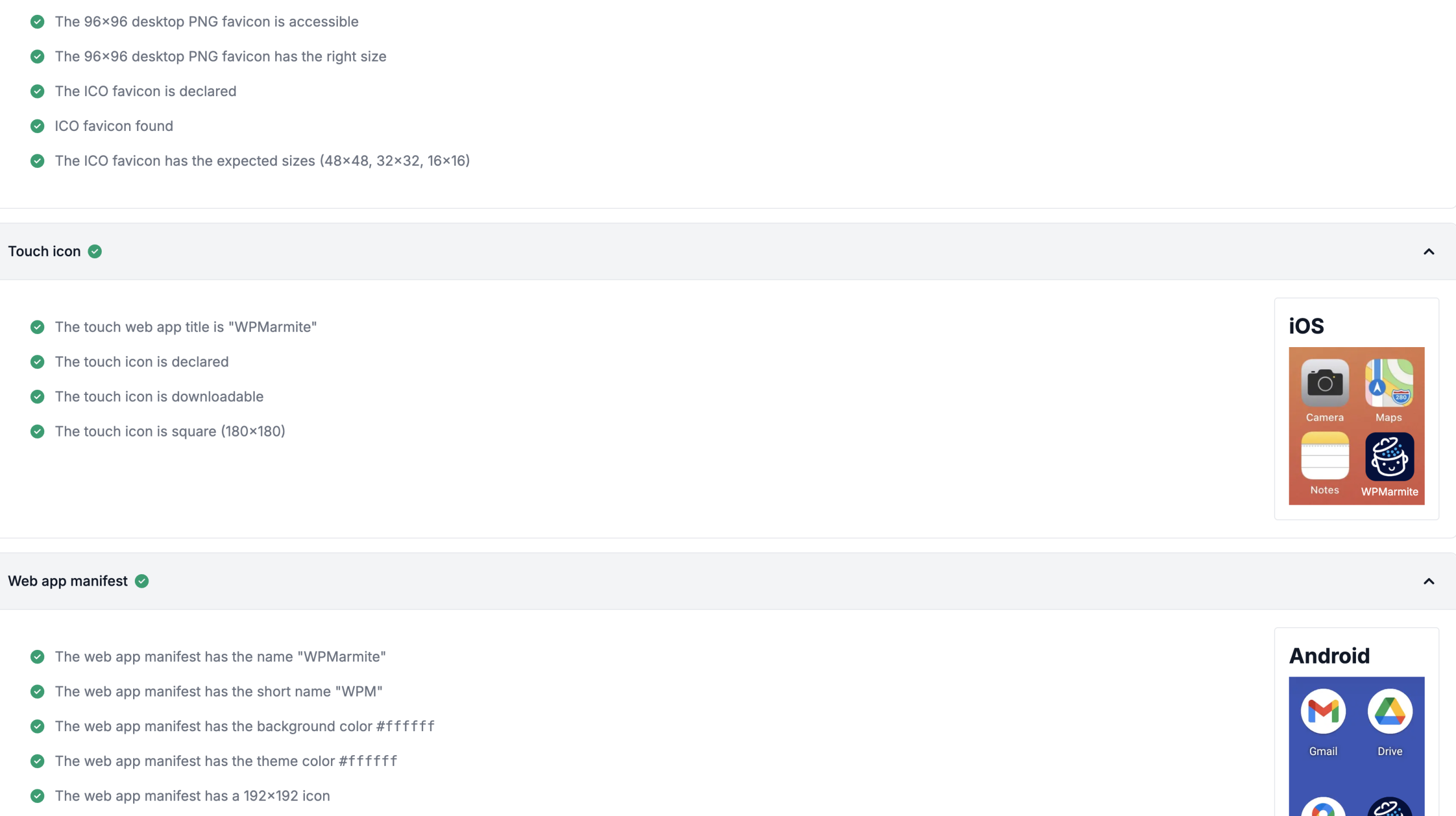 A passing score in Favicon Checker using the code method.
