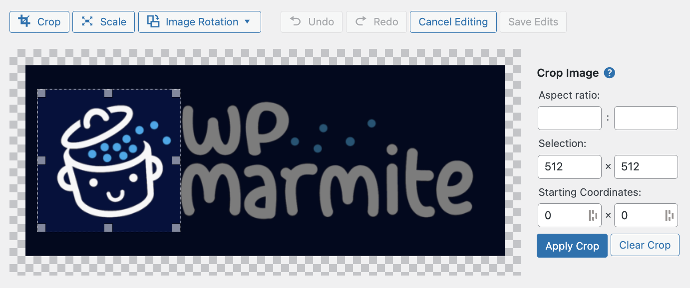 Cropping a favicon in the WordPress Media Library.