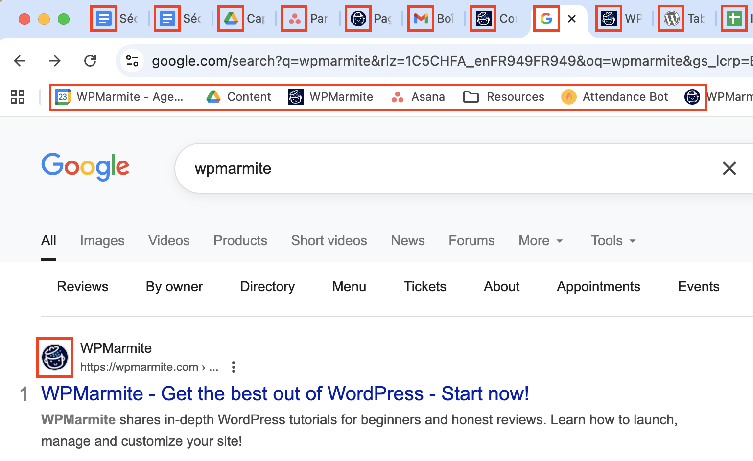 Screenshot showing a variety of favicons on tabs, in the favorites bar, and in Google search results.