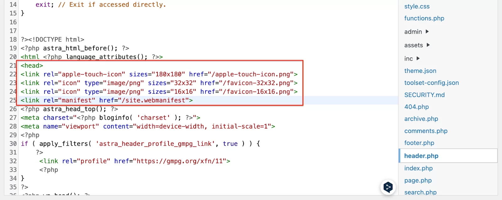 Adding favicon code to the header.php file in WordPress.