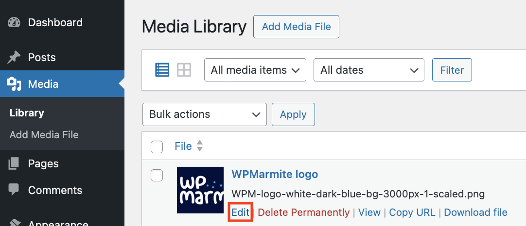Screenshot of the WPMarmite logo in the WordPress Media Library, with a red box highlighting the