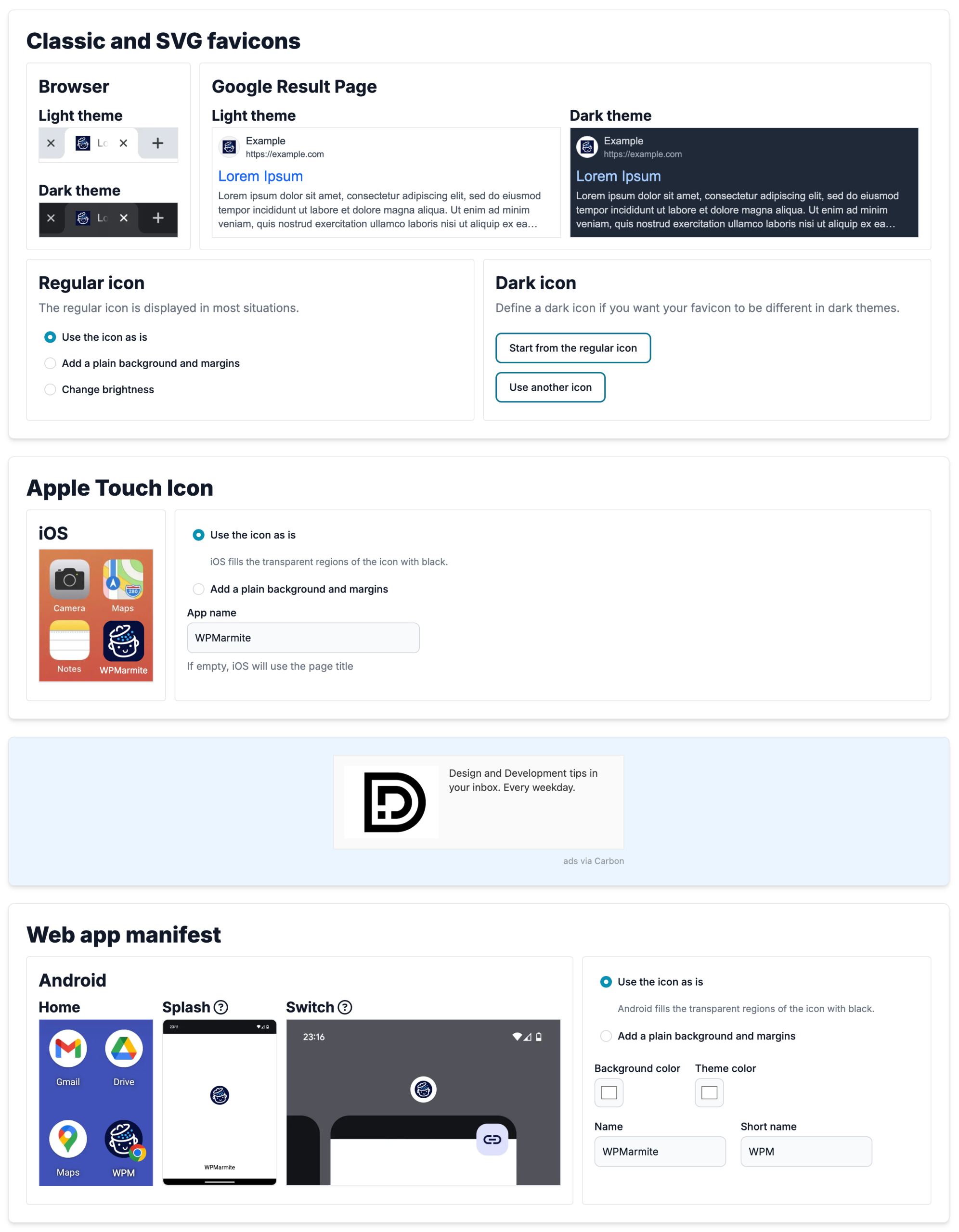 Options for customizing your favicon with the RealFaviconGenerator plugin.