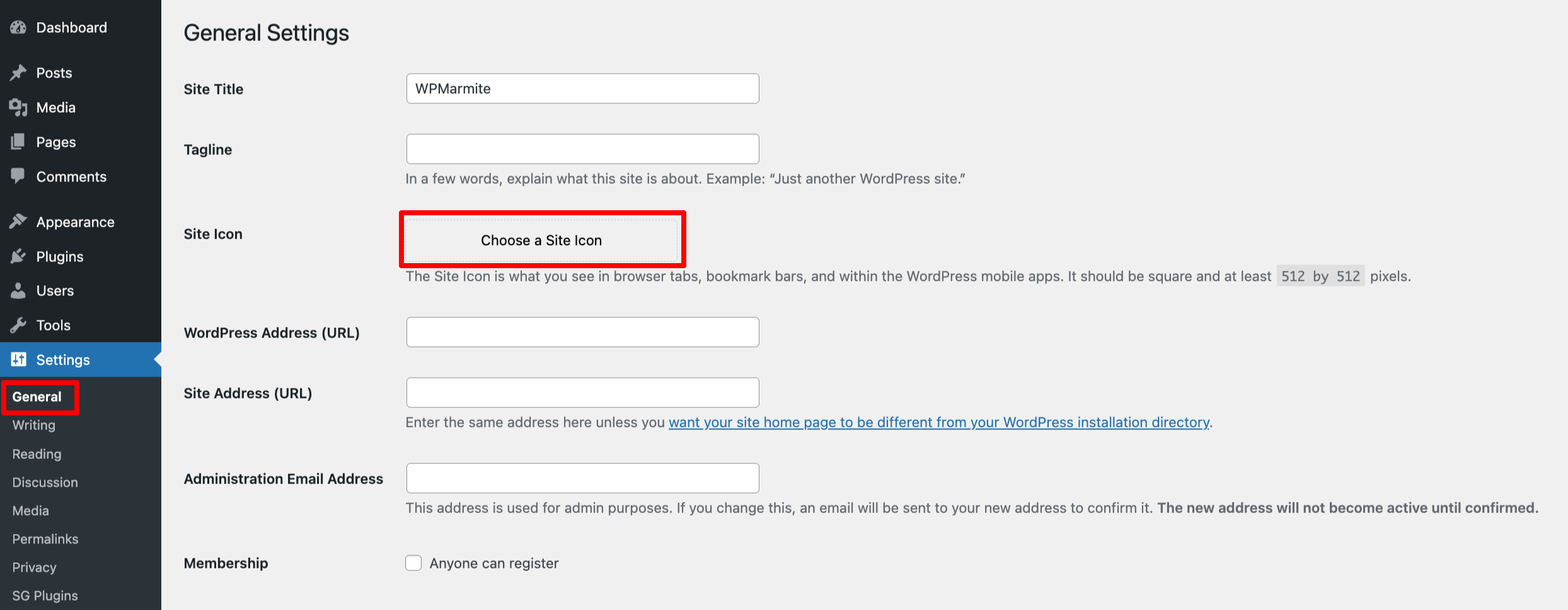 Screenshot of the Settings > General menu in the WordPress administration, with a red box highlighting the