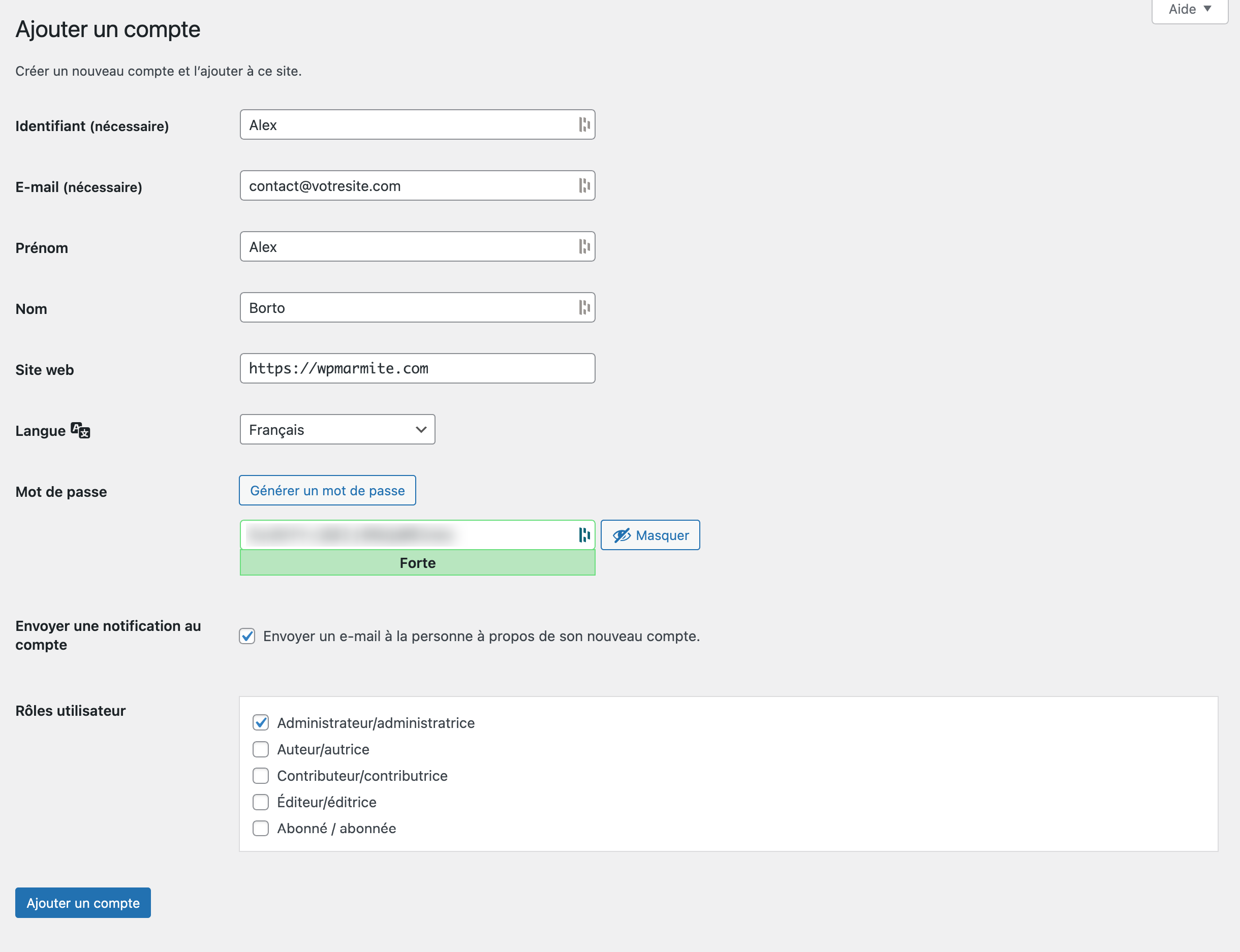 Ajout d'un compte administrateur sur WordPress.