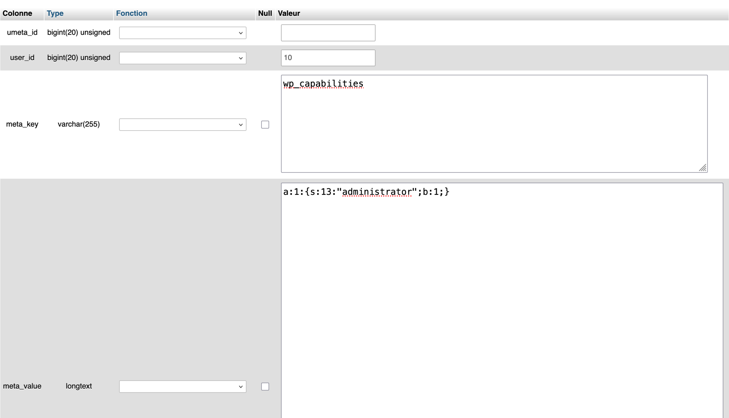 Données compte admin phpMyAdmin.