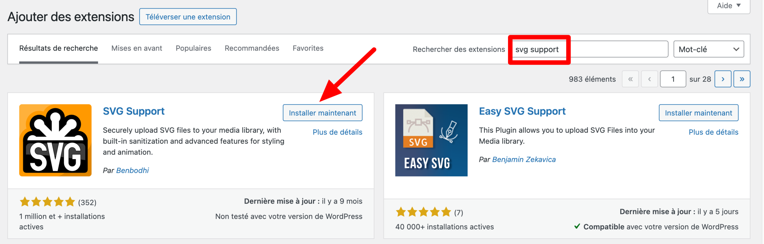 Installation de l'extension SVG Support sur WordPress.
