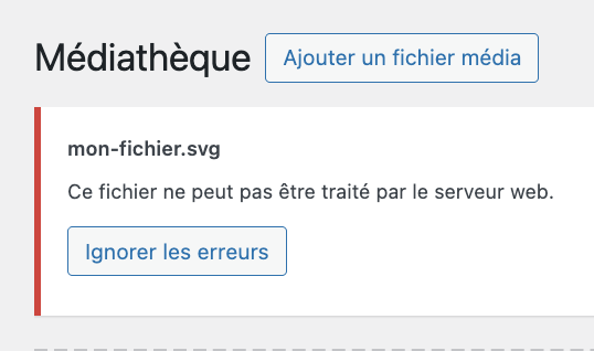 Capture d'erreur d'un fichier SVG sur WordPress.