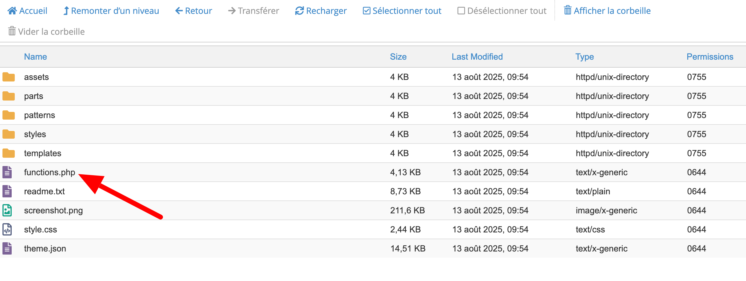 Le fichier functions.php sur cPanel.