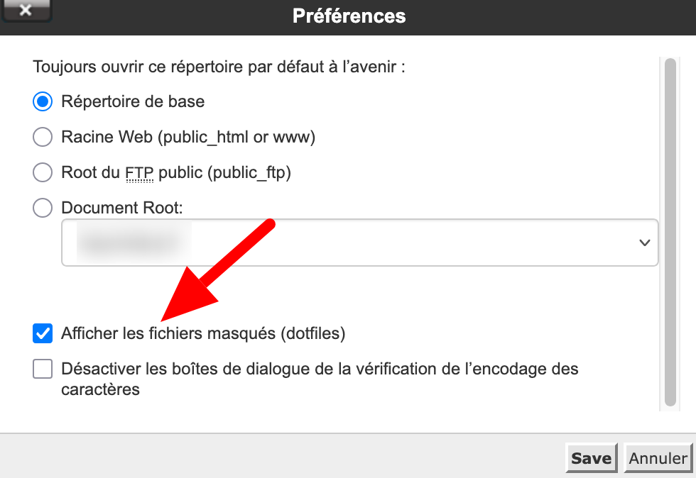 Affichage des fichiers masqués sur cPanel.