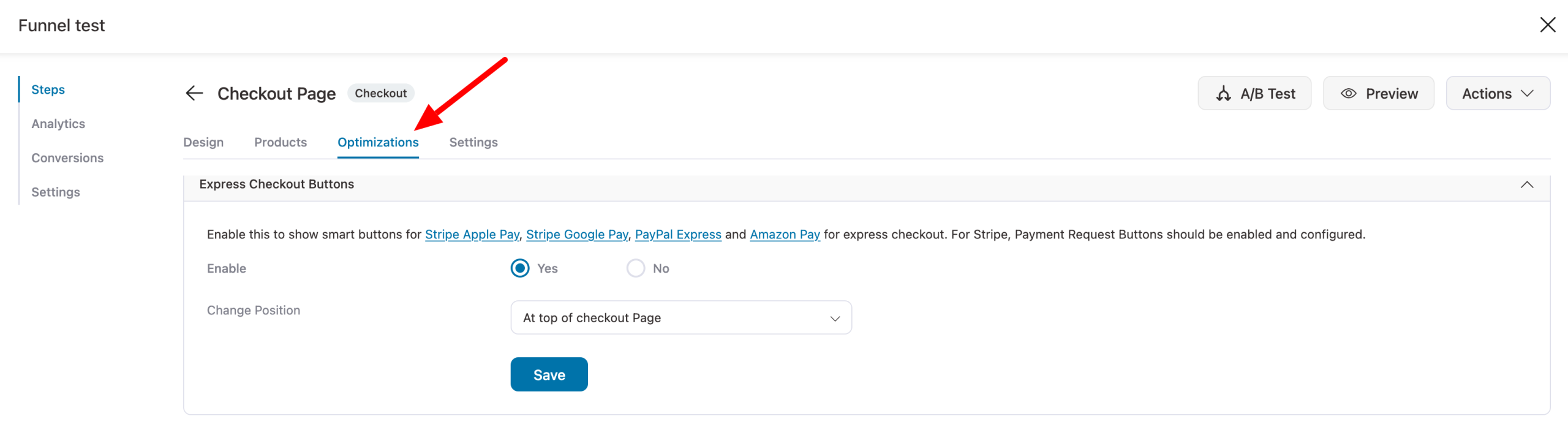 Screenshot of the "Optimizations" tab in FunnelKit.