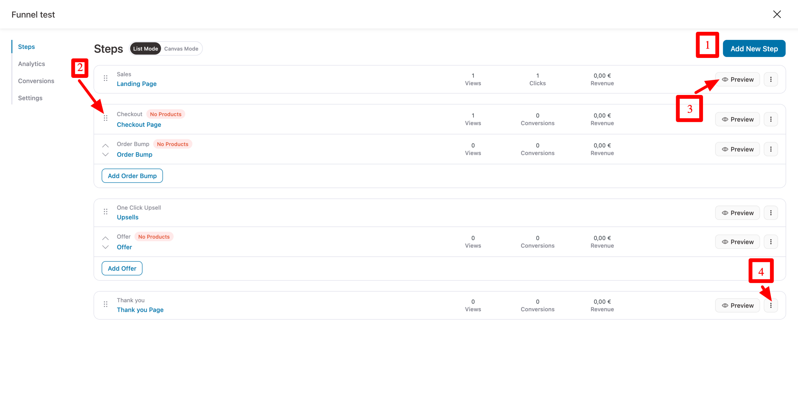 Customizing funnels in FunnelKit, with red numbers highlighting the different modification options.