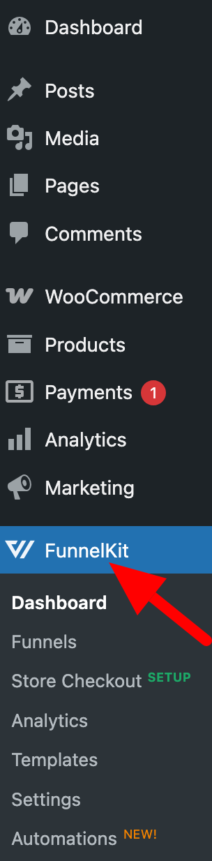 Screenshot of the FunnelKit menus in the WordPress sidebar.