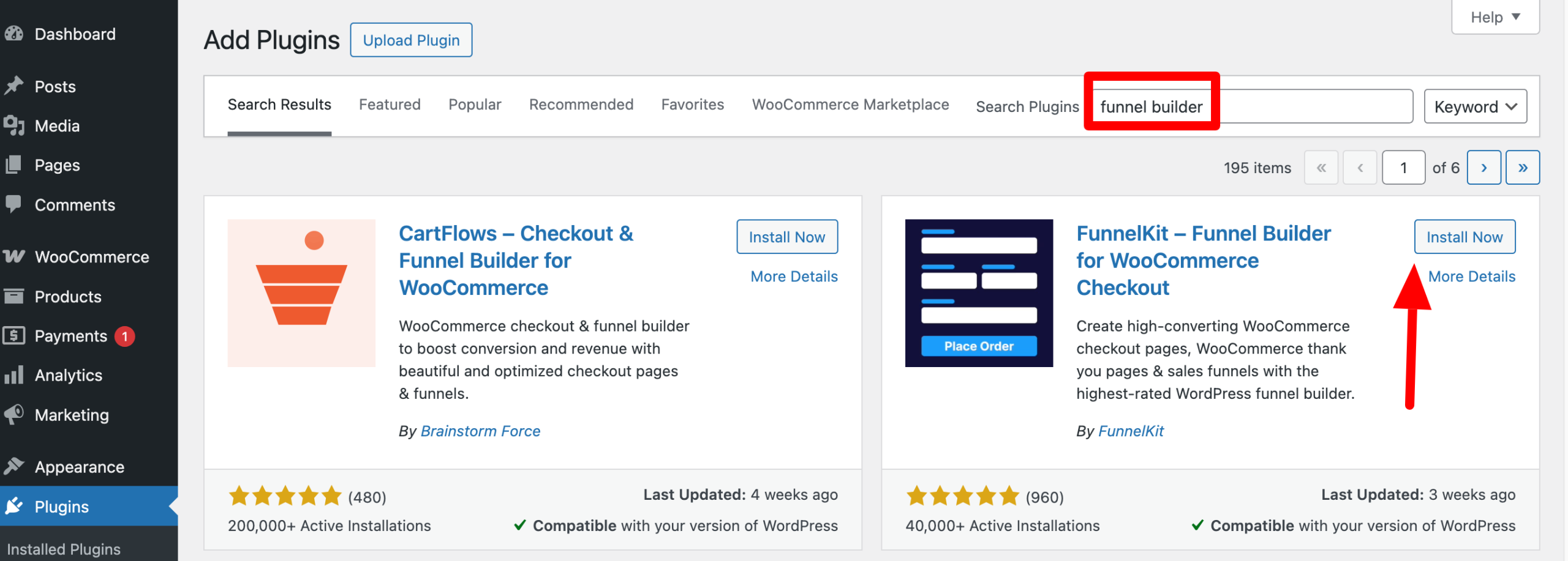 Screenshot of the "Add Plugins" page in the WordPress admin, with a red arrow pointing "Install Now" on the FunnelKit – Funnel Builder for WooCommerce Checkout plugin.