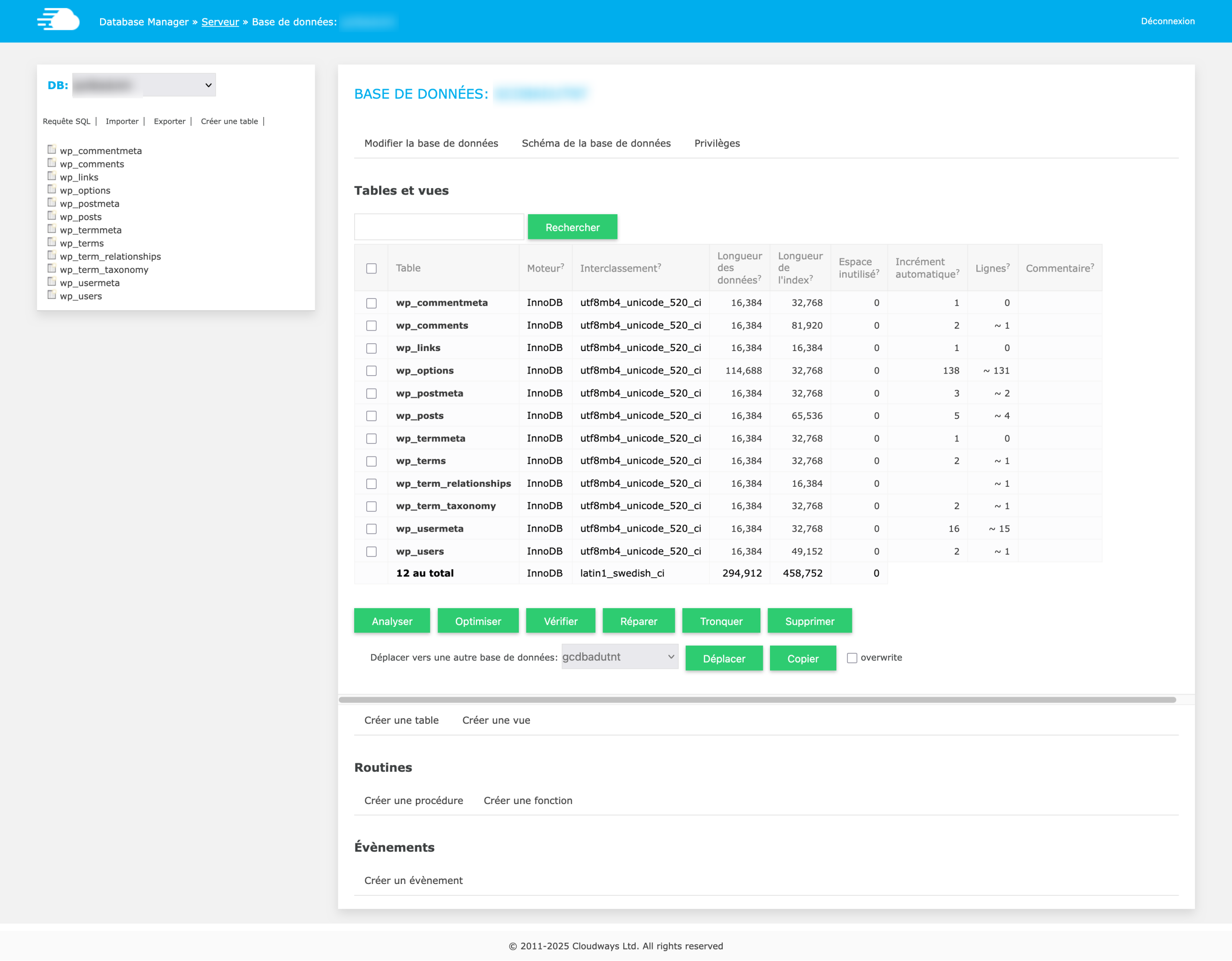 L'interface du gestionnaire de base de données de Cloudways.