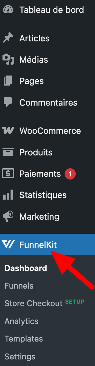 Le menu de FunnelKit sur l'interface de WordPress.