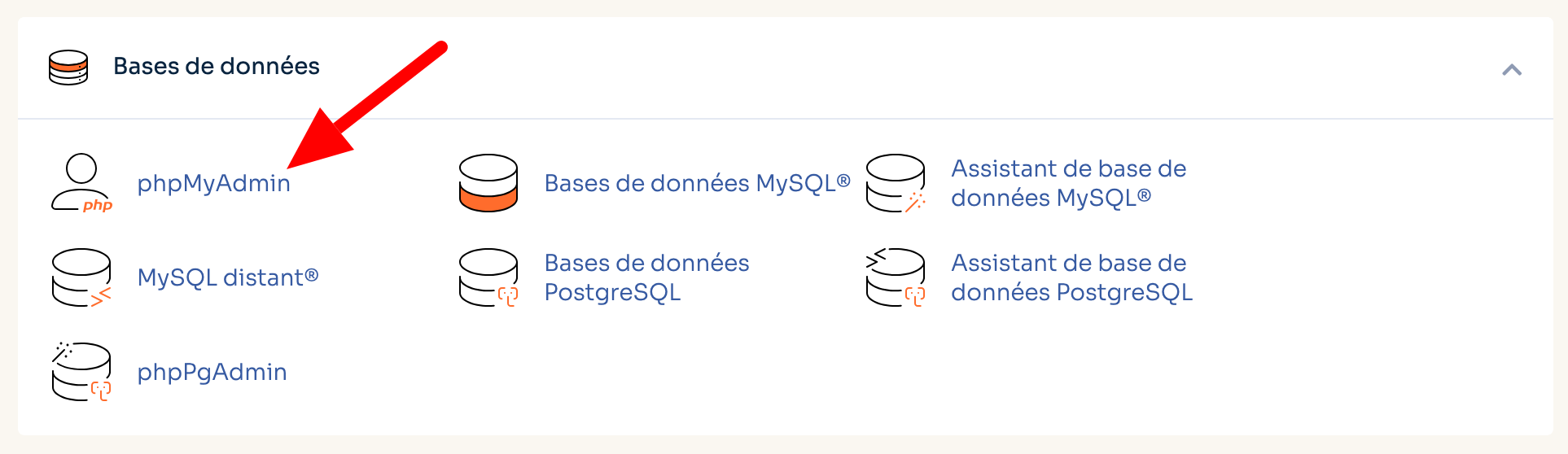 Le menu phpMyAdmin de cPanel.