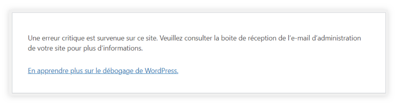 Message une erreur critique est survenue sur ce site.