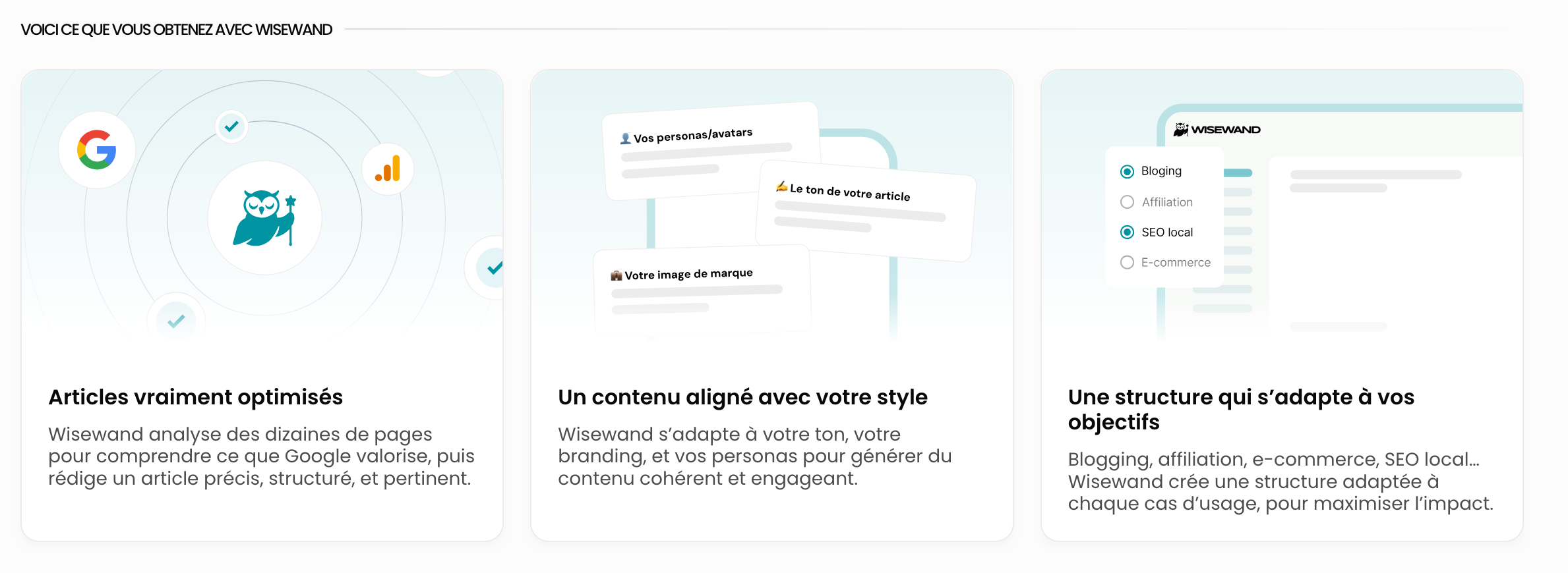 Les fonctionnalités de Wisewand AI.