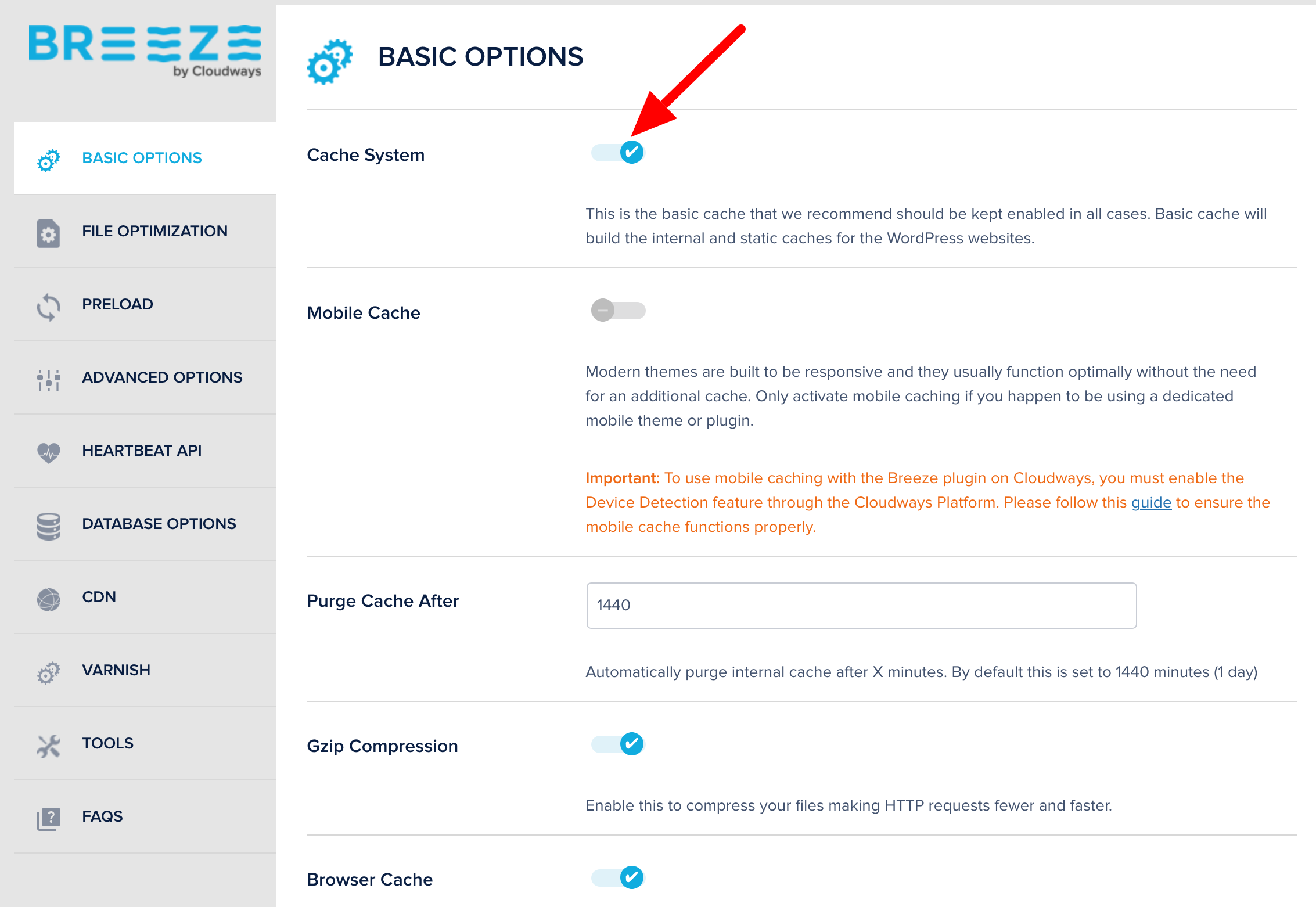 Activating an option in the Breeze plugin.