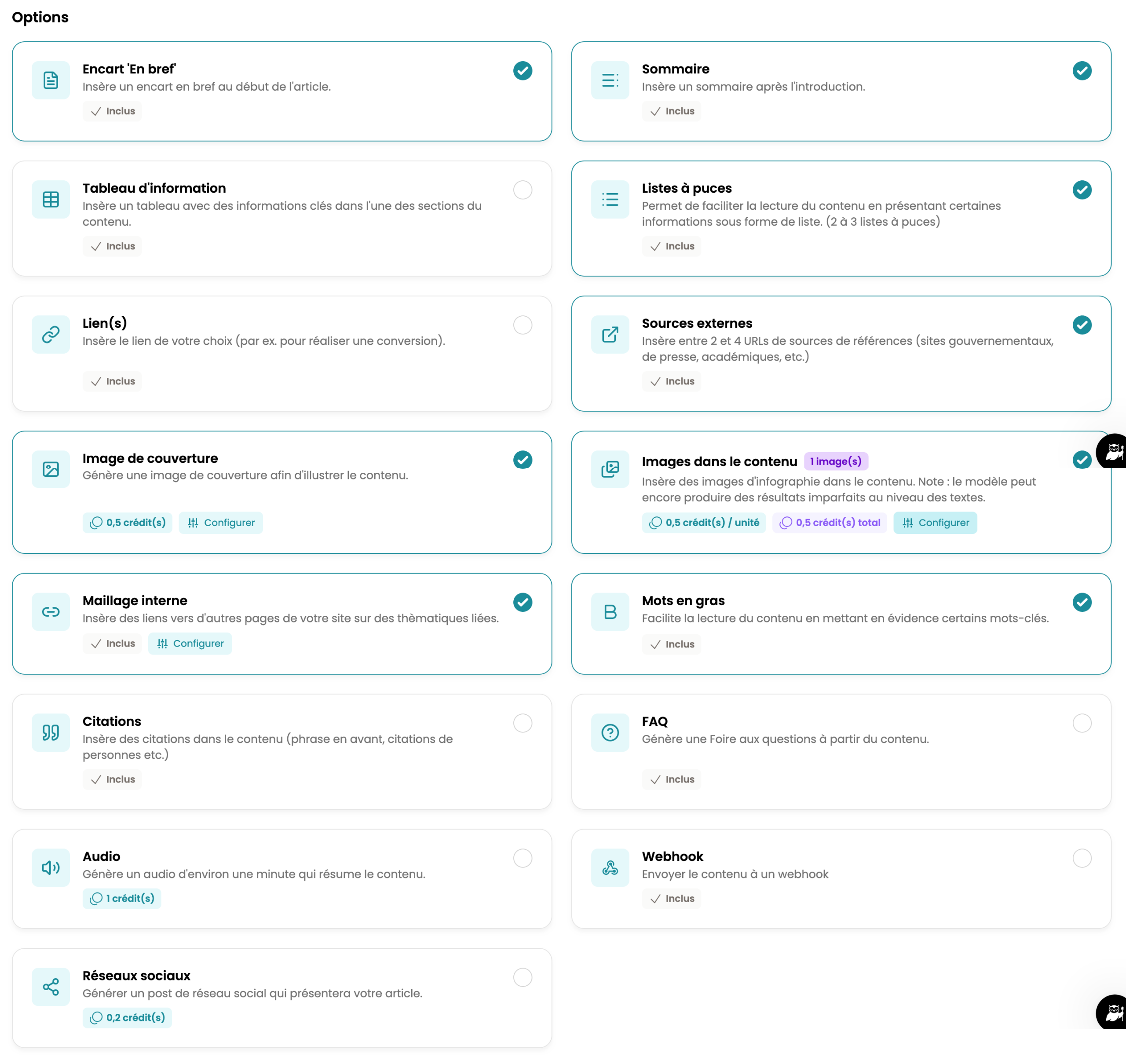 Les options de Wisewand sur le mode Article.