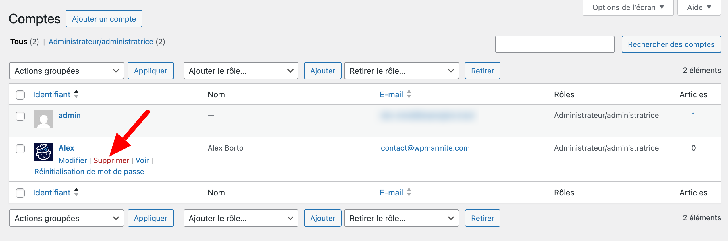 Suppression d'un compte admin sur WordPress.