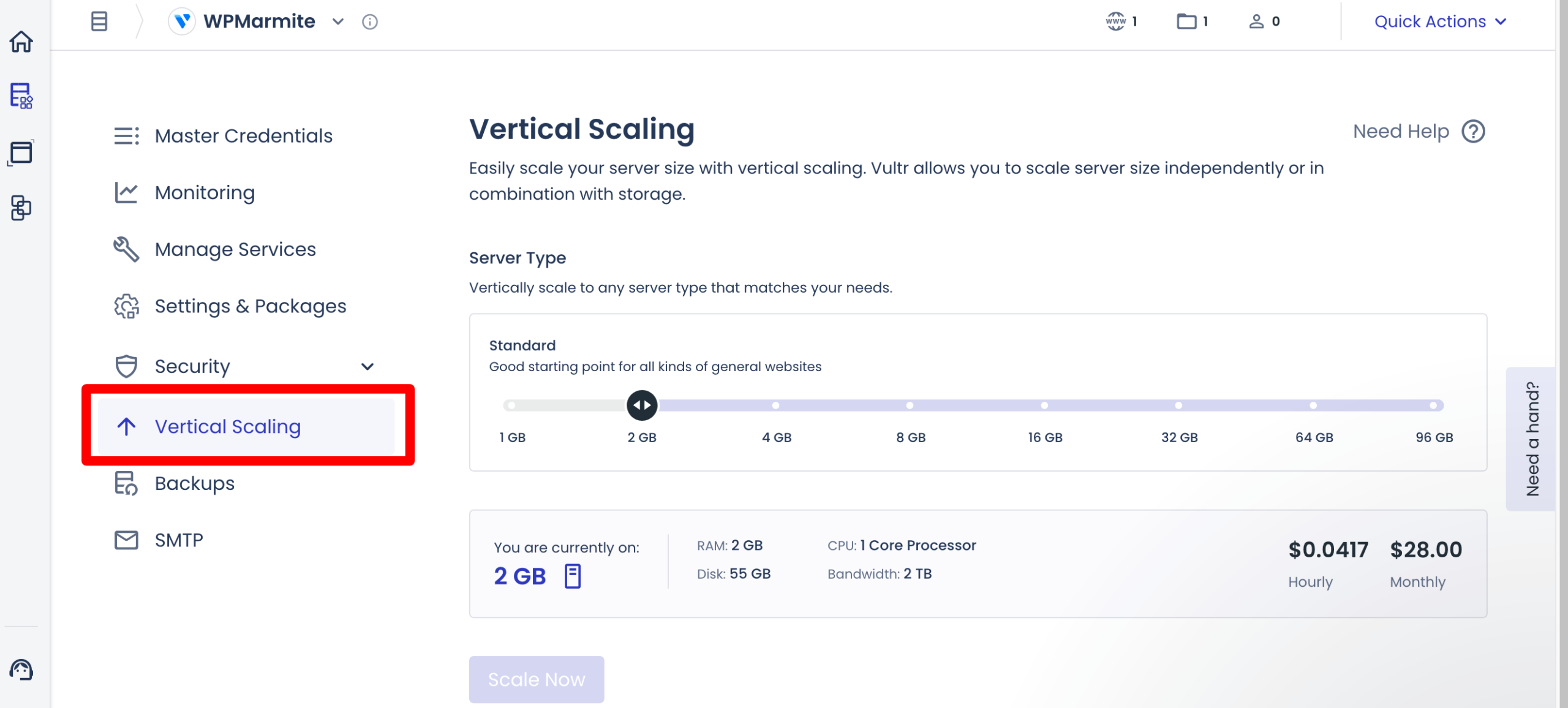 The Vertical Scaling option at Cloudways.