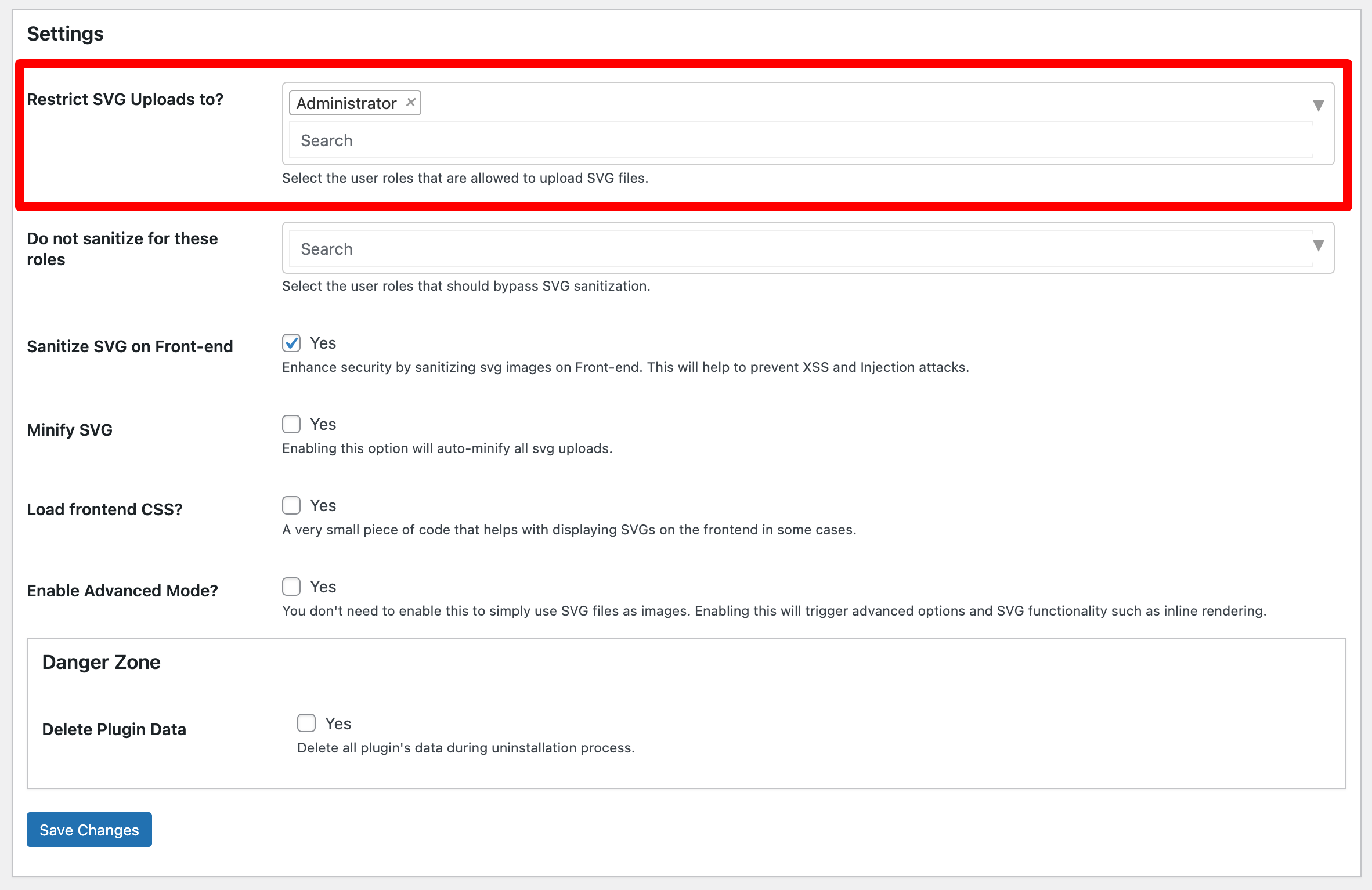 Ajustes del plugin SVG Support en WordPress.