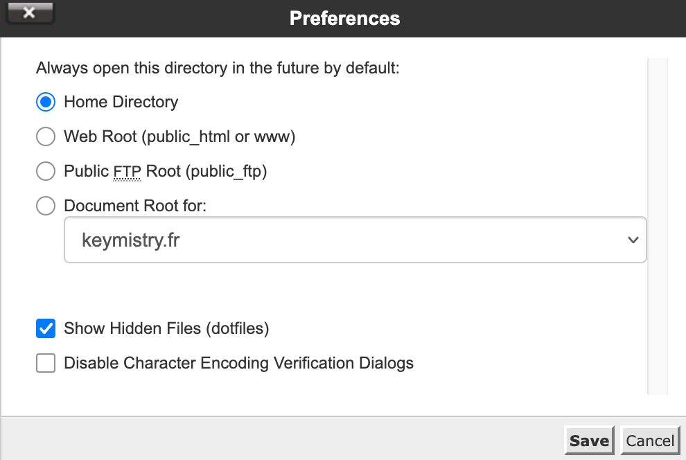 The "Preferences" menu in cPanel, with the "Show Hidden Files (dotfiles)" option checked.