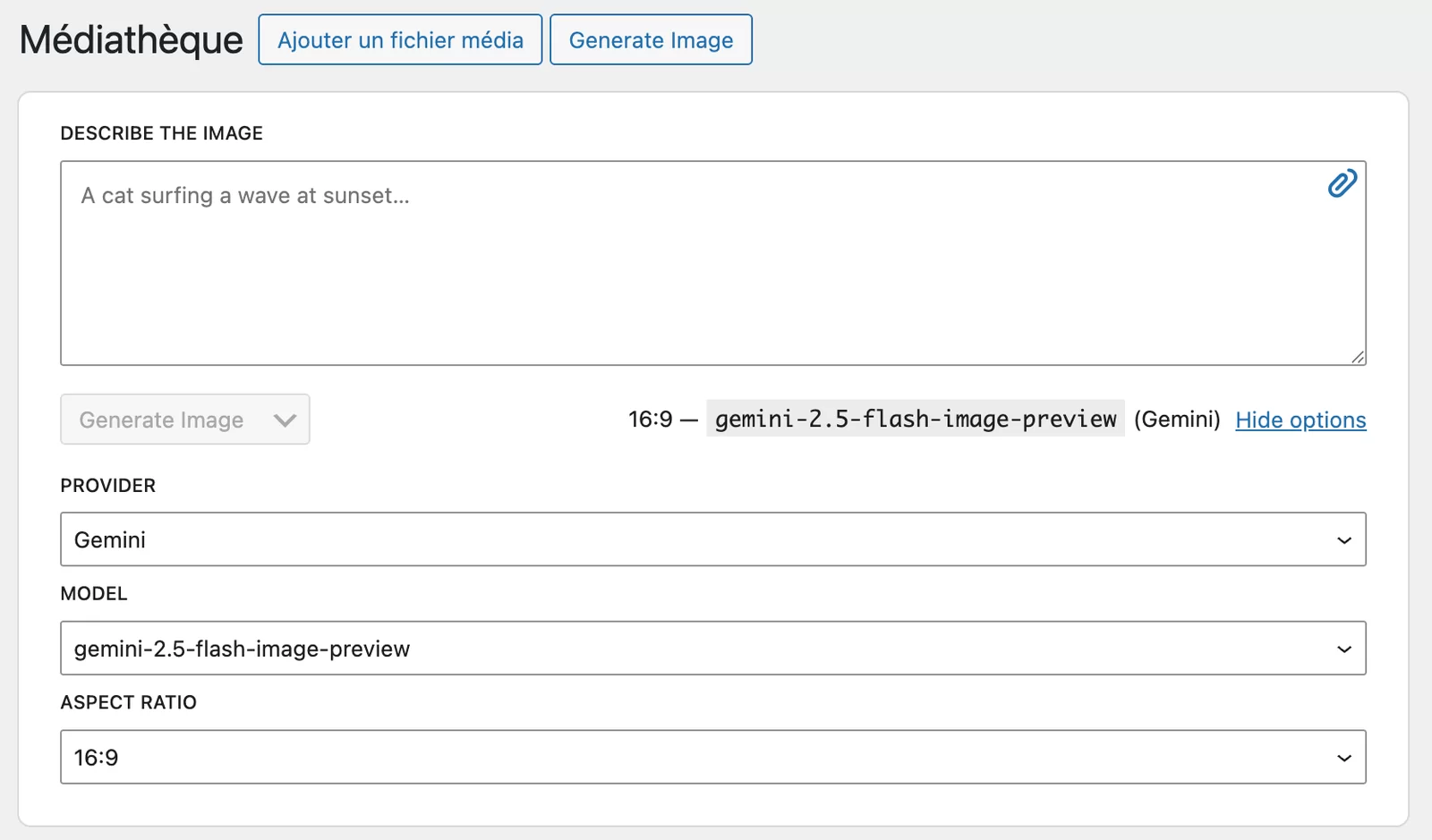 Generating an image with WP Nano Banana in WordPress.