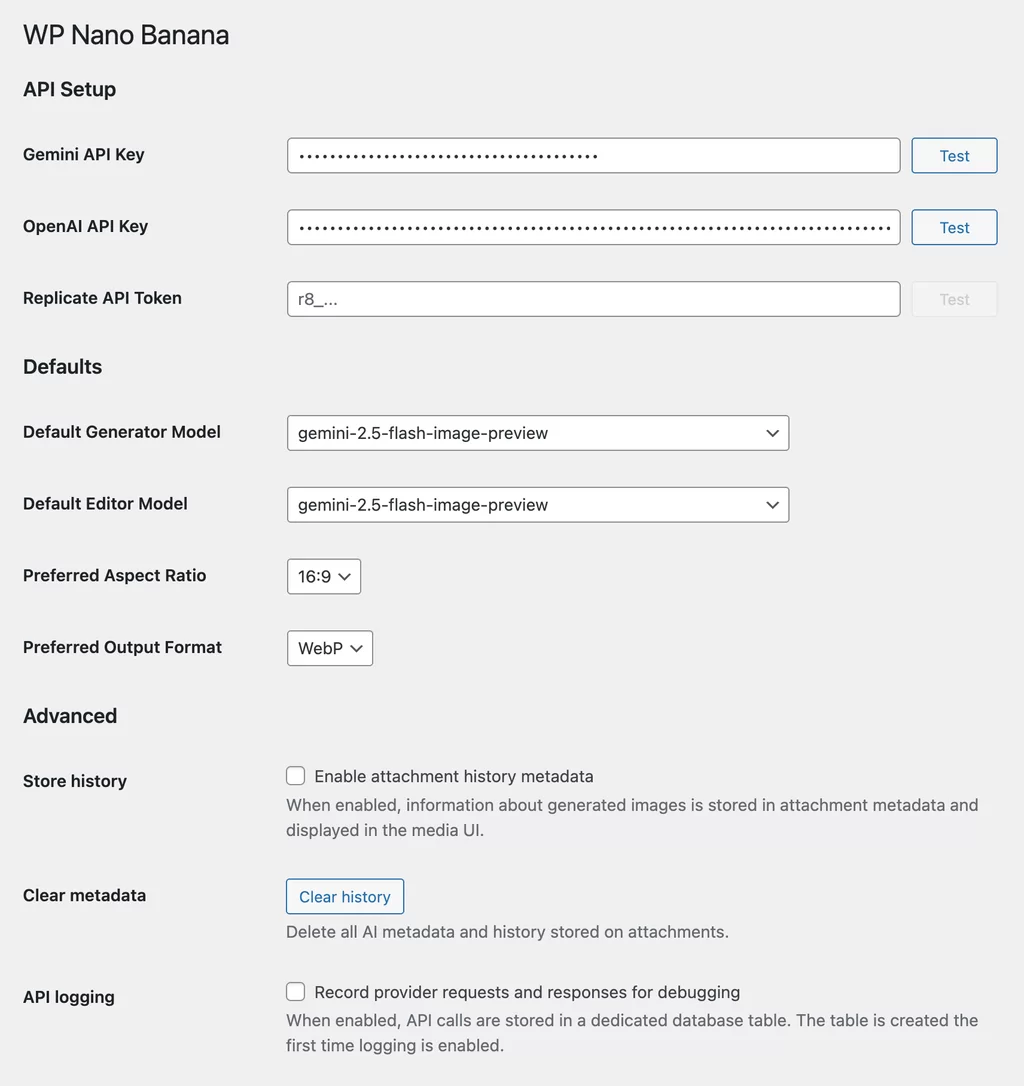 The WP Nano Banana plugin's settings page in the WordPress admin.