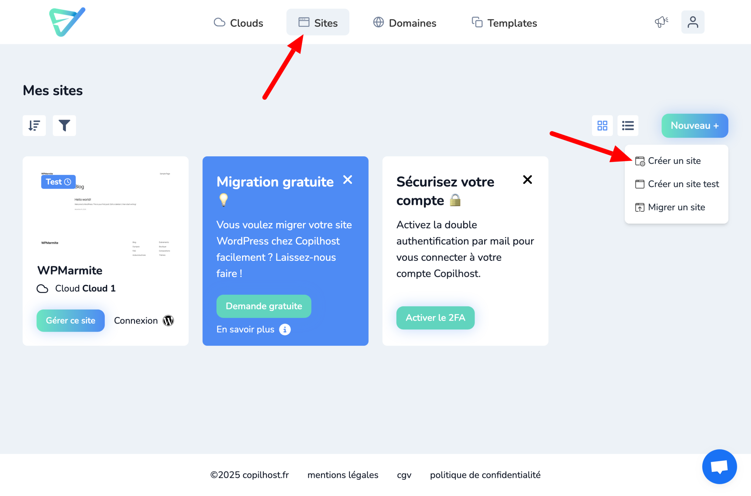 Création d'un site sur Copilhost.