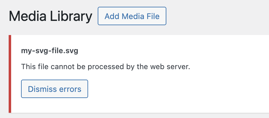 Captura de error de un archivo SVG en WordPress.
