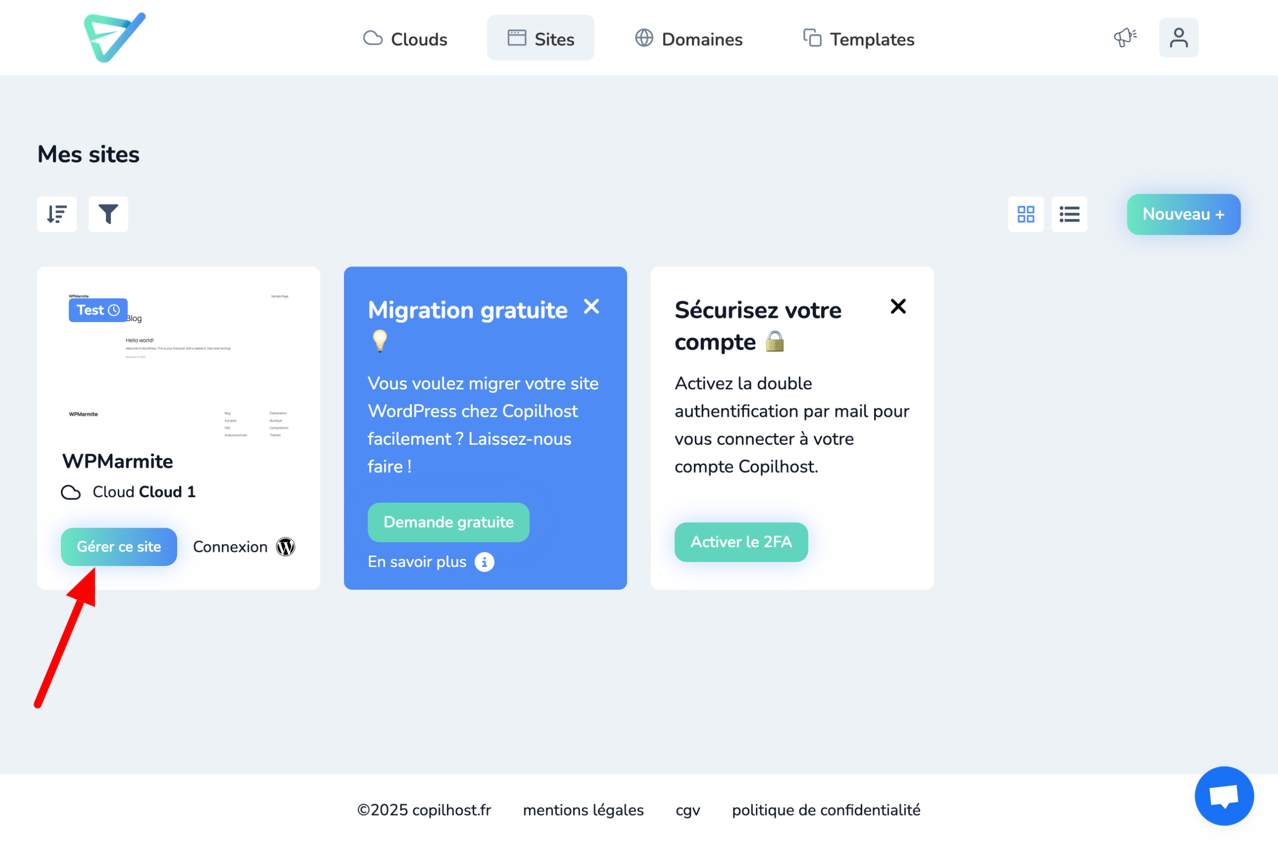 Gestion d'un site sur l'interface de Copilhost.