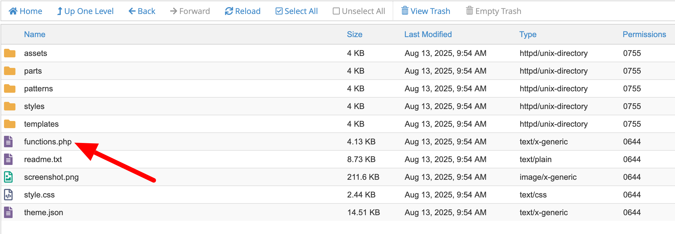 The functions.php file in cPanel.
